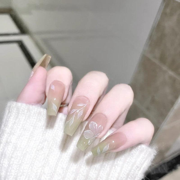 [2024  SALE] Light Green Ombre with Flowers Long Press-On Nails