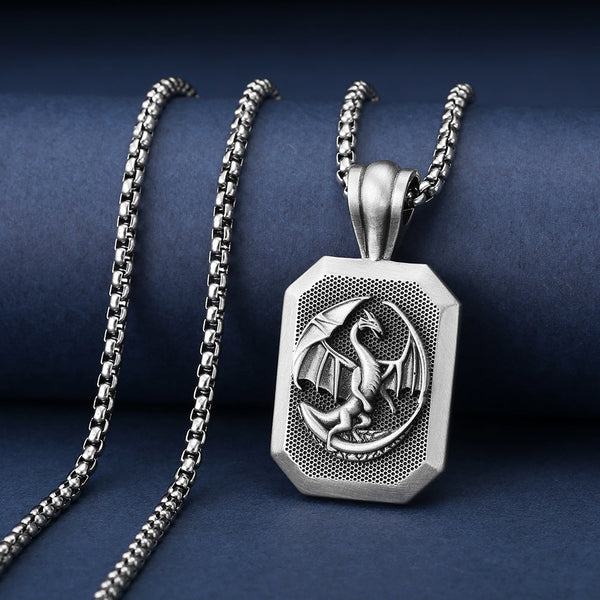 PURE TIN Medieval Winged Dragon Amulet Necklace